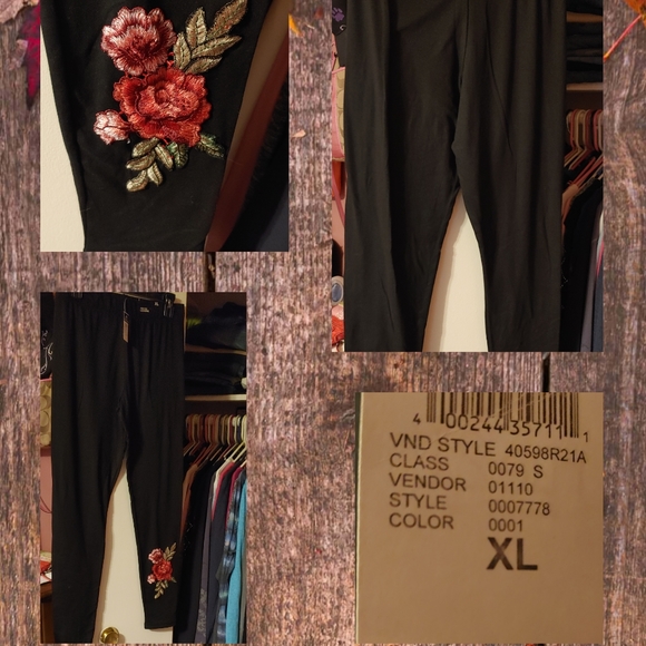 NWT RUE 21 BLACK PANTS WITH ROSE - Picture 1 of 8